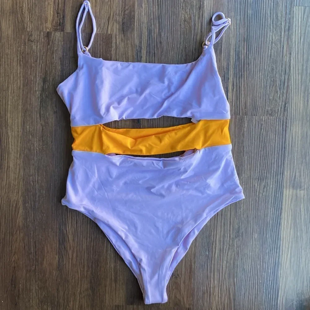 L*Space Purple Orange Open Front Maxwell Bitsy One-Piece Swimsuit Women's US 10 - Picture 3 of 7